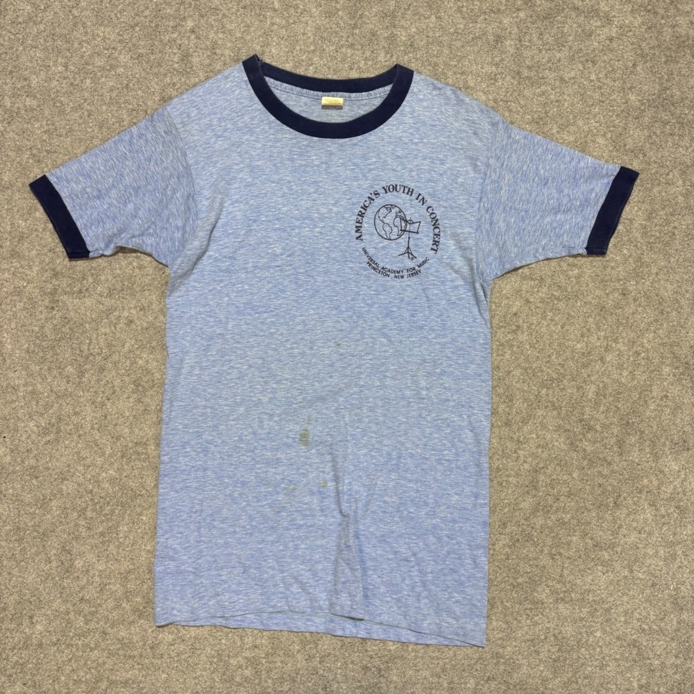 Vintage Velva Sheen America's Youth In Concert Ringer T-Shirt Blue Mens Medium